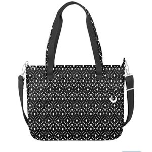 Travelon anti theft tote bag black and white shoulder and crossbody straps.
